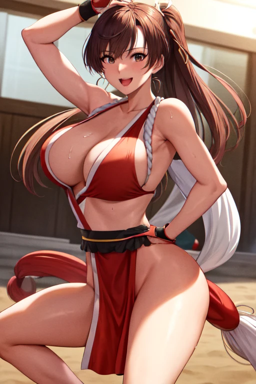 masterpiece, best quality, beautiful art, high resolution, well formed hands, body and fingers, 1 woman, solo, Mata Hari, red makeup, red lipstick,adult, grown up,  cosplaying as Mai Shiranui , mai_shiranui_cosplay, adult, large and big breasted, cleavage, full body , hair ribbon, gorgeous legs and, thighs, sexy Japanese clothes, hair ornament , sexy and bare legs , hips and thighs, panties peek, fighting in a combat match, showing her fighting skills, making her guard, about to hit the viewer, looking at the viewer, close up on her bouncing breasts, sweating, bouncing breasts, smiling joyfully and brightly, seductive face, being confident and proud, action and fighting scene, martial arts tournament on the beach fighting in a combat match, showing her fighting skills, making her guard, about to hit the viewer, looking at the viewer, close up on her bouncing breasts, sweating, bouncing breasts, smiling joyfully and brightly, seductive face, being confident and proud, action and fighting scene, martial arts tournament on the beach 