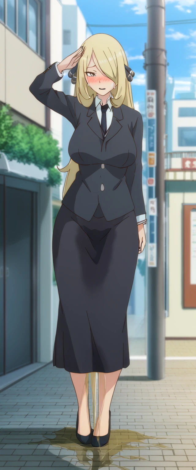 (high quality,Very detailed:1.37, High resolution), 2d, anime, anime style, anime source, Woman, Cynthia \(Pokemon\), business suit, necktie, (long skirt:1.25), (pencil skirt:1.5), pantyhose, huge breasts, cleavage, looking at viewer, masterpiece, best quality, (wetting self:1.5), desperation, embarrassed, humiliation, (blushing:2.0), (black lipstick:1.25), standing, (salute:1.5), city