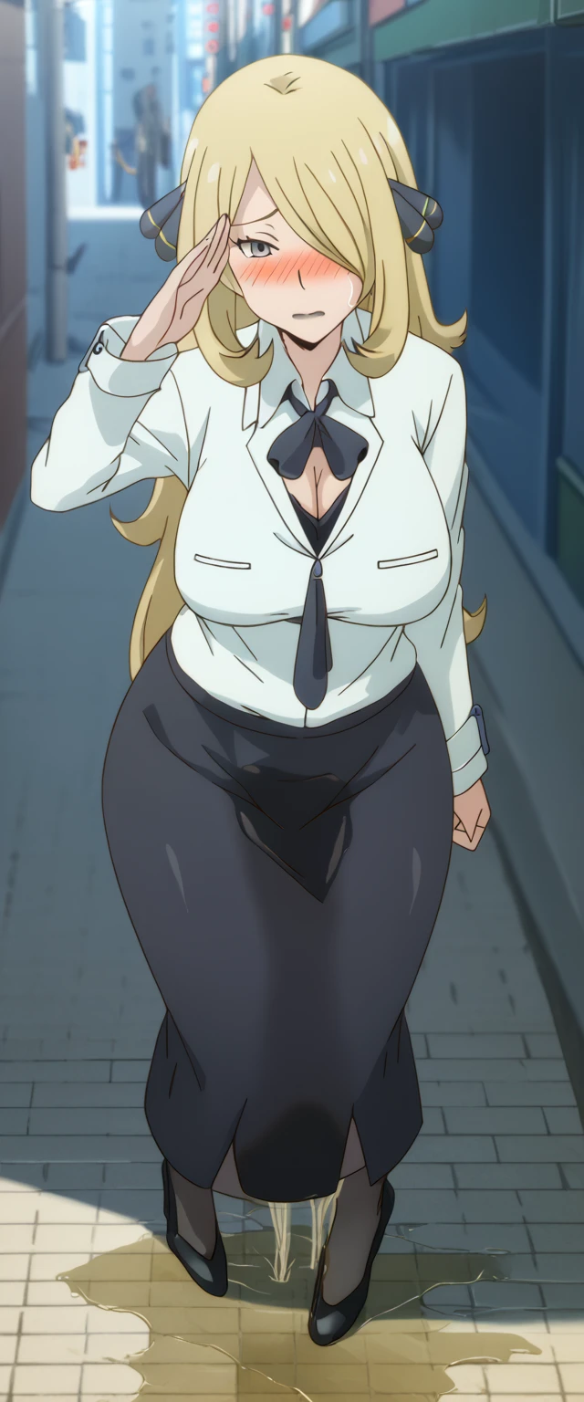 (high quality,Very detailed:1.37, High resolution), 2d, anime, anime style, anime source, Woman, Cynthia \(Pokemon\), business suit, necktie, (long skirt:1.25), (pencil skirt:1.5), pantyhose, huge breasts, cleavage, looking at viewer, masterpiece, best quality, (wetting self:1.5), desperation, embarrassed, humiliation, (blushing:2.0), (black lipstick:1.25), standing, (salute:1.5), city