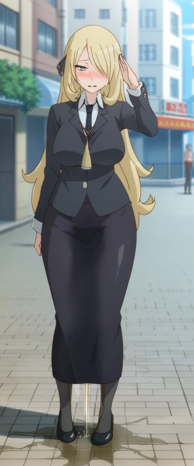 (high quality,Very detailed:1.37, High resolution), 2d, anime, anime style, anime source, Woman, Cynthia \(Pokemon\), business suit, necktie, (long skirt:1.25), (pencil skirt:1.5), pantyhose, huge breasts, cleavage, looking at viewer, masterpiece, best quality, (wetting self:1.5), desperation, embarrassed, humiliation, (blushing:2.0), (black lipstick:1.25), standing, (salute:1.5), city