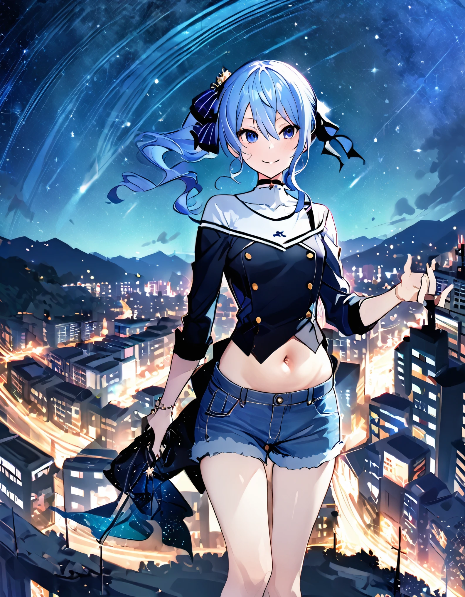 (8k、Best image quality、highest quality、masterpiece)、Detailed face、 1girl、Blue Hair、Long Hair、sideponytail、dark_blue_eyes、smile,(glimps_of_ navel)、small_breasts,(White_short_T-shirt:1.3)、Off the shoulder、Black shoulder straps、(open_front_denim_short_shorts:1.2)、City Background, starry_sky_landscape ,hoshimachi suisei,(covered_nipples:0.3), (belly_button:1.2),nihil,solo,stargaze,girl_looking_up_sky,slender,solo,
