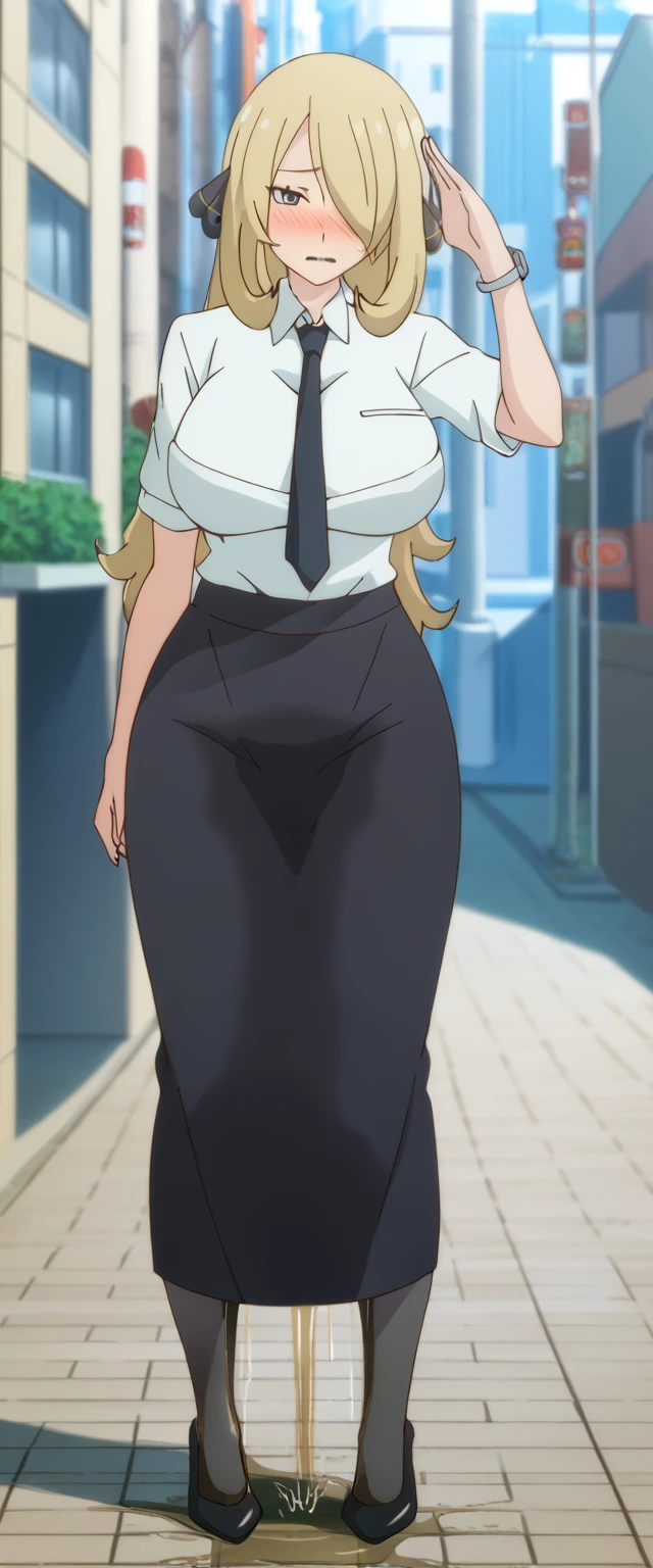 (high quality,Very detailed:1.37, High resolution), 2d, anime, anime style, anime source, Woman, Cynthia \(Pokemon\), business suit, necktie, (long skirt:1.25), (pencil skirt:1.5), pantyhose, huge breasts, cleavage, looking at viewer, masterpiece, best quality, (wetting self:1.5), desperation, embarrassed, humiliation, (blushing:2.0), (black lipstick:1.25), standing, (salute:1.5), city