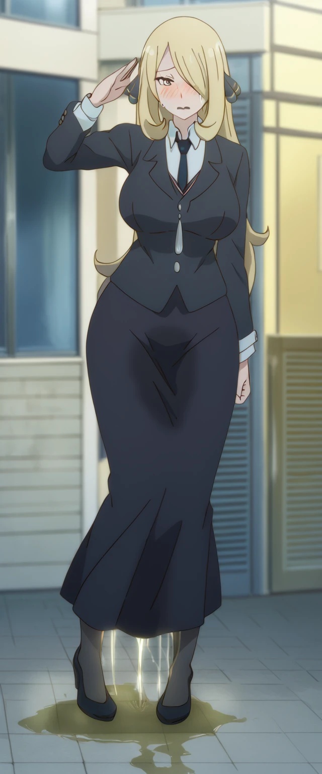 (high quality,Very detailed:1.37, High resolution), 2d, anime, anime style, anime source, Woman, Cynthia \(Pokemon\), business suit, necktie, (long skirt:1.25), (pencil skirt:1.5), pantyhose, huge breasts, cleavage, looking at viewer, masterpiece, best quality, (wetting self:1.5), desperation, embarrassed, humiliation, (blushing:2.0), (black lipstick:1.25), standing, (salute:1.5), city