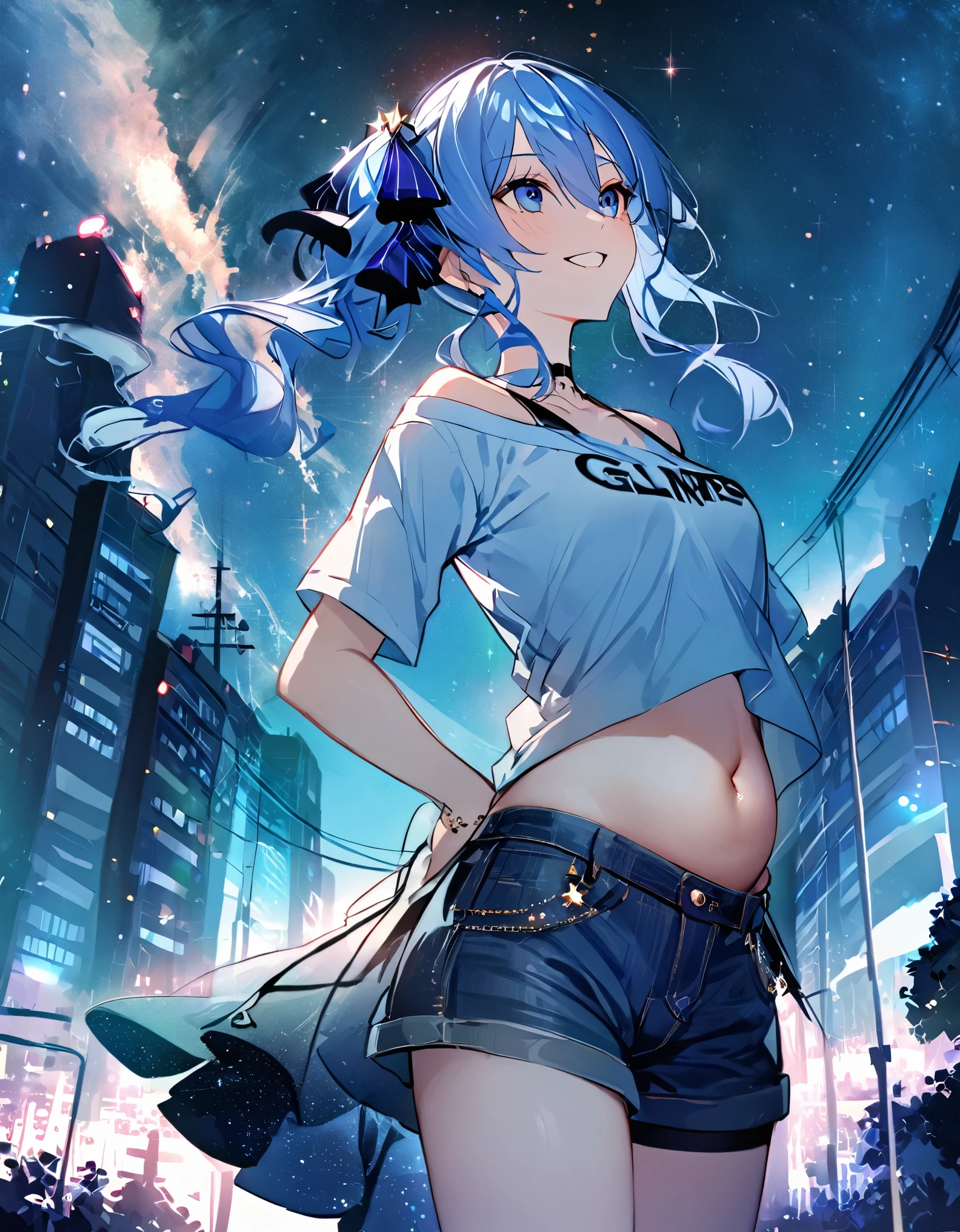 (8k、Best image quality、highest quality、masterpiece)、Detailed face、 1girl、Blue Hair、Long Hair、sideponytail、dark_blue_eyes、smile,(glimps_of_ navel)、small_breasts,(White_short_T-shirt:1.3)、Off the shoulder、Black shoulder straps、(open_front_denim_short_shorts:1.2)、City Background, starry_sky_landscape ,hoshimachi suisei,(covered_nipples:0.3), (belly_button:1.2),nihil,solo,stargaze,girl_looking_up_sky,slender,solo,