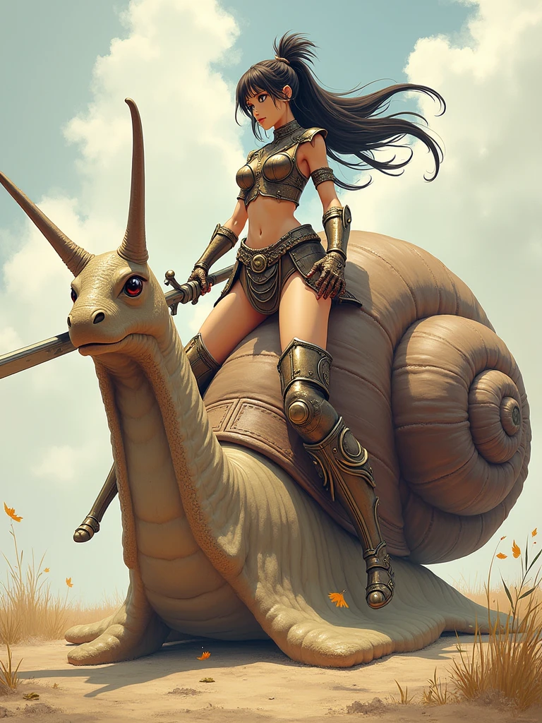 a female warrior using leather bikini walking with a blue giant snail with triangular shell in a world of purple vegetation and yellow skies