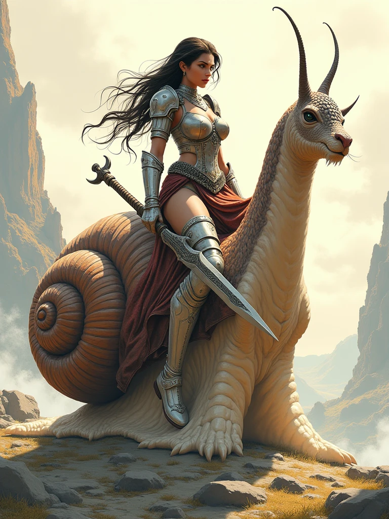 a female warrior using  leather bikini walking with a blue giant snail with triangular shell in a world of purple vegetation and yellow skies