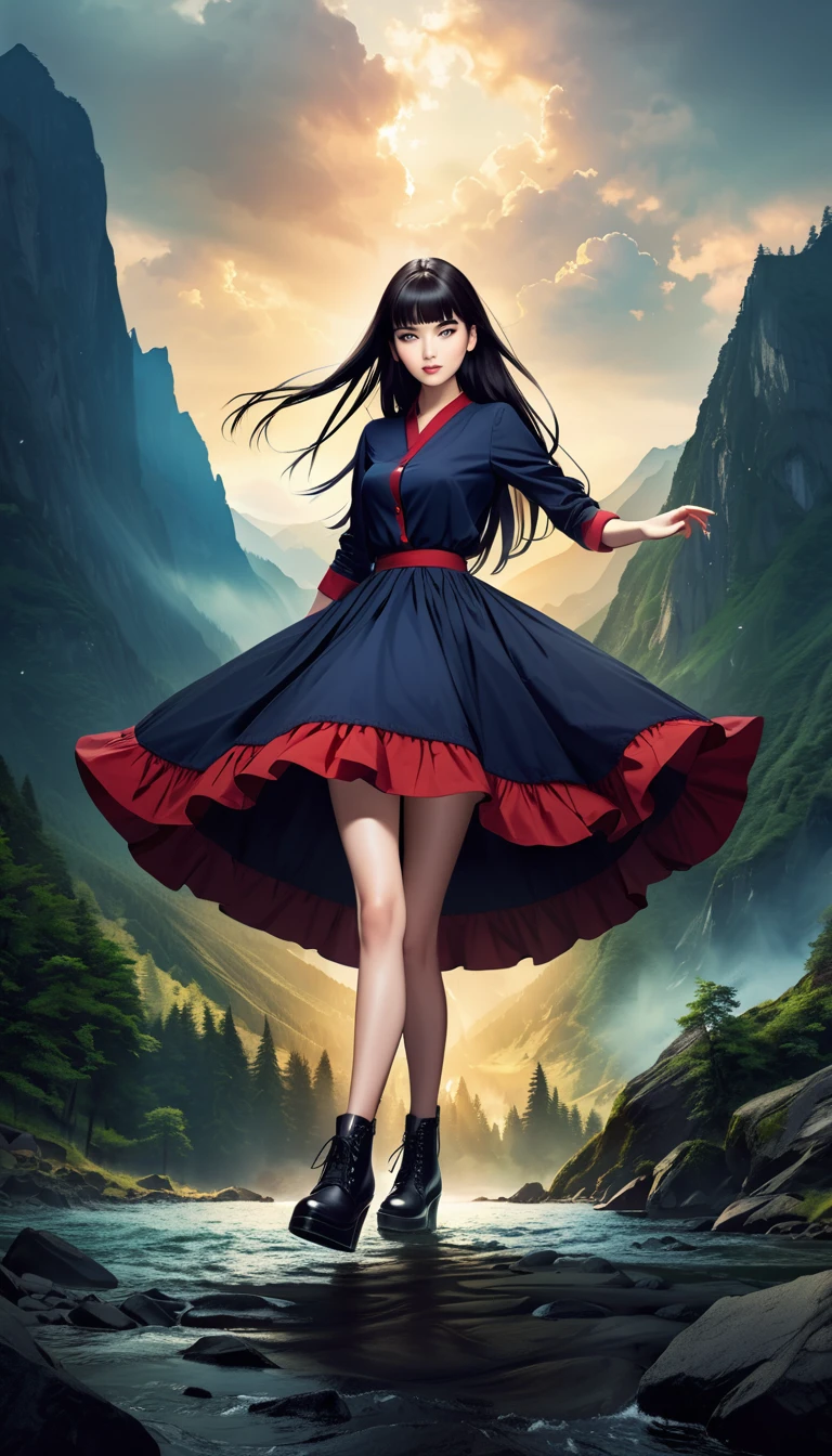 ((RAW photo), absurd, (absurd resolution)), photo of a very attractive girl, ((Japanese anime, as in the dynamism of American cartoons)), beautiful white girl, ((seductive look, sharp pupil, detailed, realistic)), slim fit girl, (short puffy dress with crinoline and black lace ruffles, daring, laces), (black, straight, long hair), ((bold dynamic pose and looking at the viewer)), ((black makeup, mascara and long eyelashes, surrounded by dark aura)), (background: overhang, mountain), (American shot). «SunPuma S»