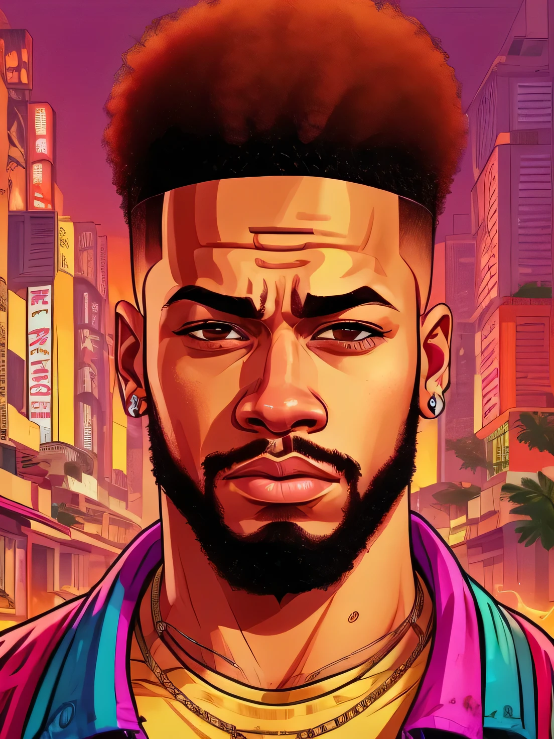 a close up of a man with a beard and a red shirt, official illustration, drawn with photoshop, digital art portrait, red afro, high quality portrait, one head portrait, digital illustration portrait, neymar jr, maximus jacobs, neymar, headshot profile picture, vector art, digital portrait, digital art!!, digital rendering, portrait digital art, profile portrait, stylized portraitGTA-style artwork ,(young people:1.5)Illustration, digital art, (GTA style:1.5),Art style of GTA, Art GTA bright colors, (cartoon style:1.2),(hyperdetail:1.15), glamorous style, best quality, holistic, high detail, serious,against a large  metropolis, ((neon lighting)), ((Cyberpunk)),soft light,satirical,exaggerated,pop artstyle,vibrant colors,iconic characters,action-packed,((The background is an orange red city:1)),sun, coconut trees