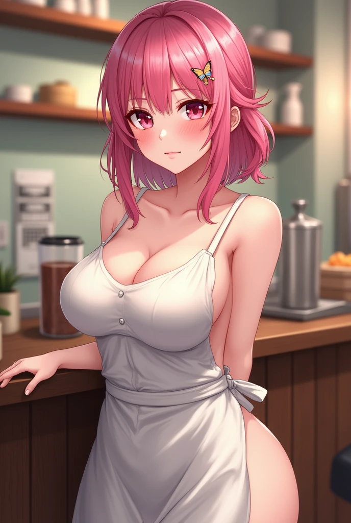 (masterpiece), best quality, expressive eyes, perfect face , 1girl, , standing, looking at viewer, naked apron, cleavage, huge breasts, thighs, short hair, light pink hair, purple eyes, smile, closed mouth, tareme,