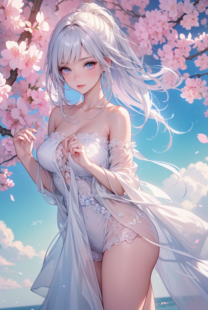 (masterpiece:1.37), best quality, (extremely detailed:1.37), (1girl:1.5), woman, (mature:1.5), (adult:1.5), jingliu, white hair, long hair, ponytail, hair ribbon, red eyes, naked, nude, pussy slit, (extremely detailed eyes:1.37), embarrassed, humiliation, blushing, angry, cherry blossoms, garden, (golden hour:1.5), full body