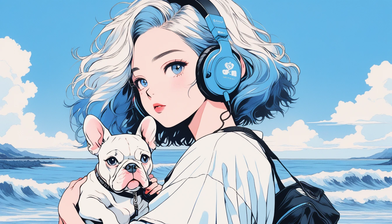 Illustrator, japanese cartoon movies , realistic ,sketch , Adult woman wearing headphones holding cute bulldog puppy, lip, pond、t-shirt,Order,Textured Trim, (masterpiece,best quality) [blue background, Neon hair,Textured Trim, Canadian, (masterpiece,best quality) cancer，summer landscape、Coast、blue sky、white waves、Vision、will