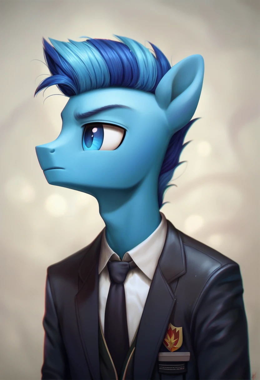 score_9, score_8_up, score_7_up, score_6_up, score_5_up, score_4_up,  by aki99, source_pony, rating_questionable, masterpiece, countershading, detailed soft lighting BREAK
anthro pony Male, full Blue Body, evil look on face, Dark Blue Mane, Light blue eyes, wearing a black suit and tie