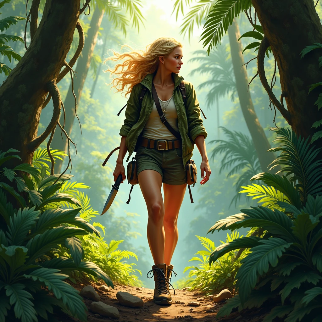 ((best quality)), ((masterpiece)), (detailed), full body beautiful blonde girl, castaway in a lonely island, (((ragged top))) muscled body,loincloth, dirty, ((hut in the jungle)) from behind, detailed environment detailed lightning and shadows action scene