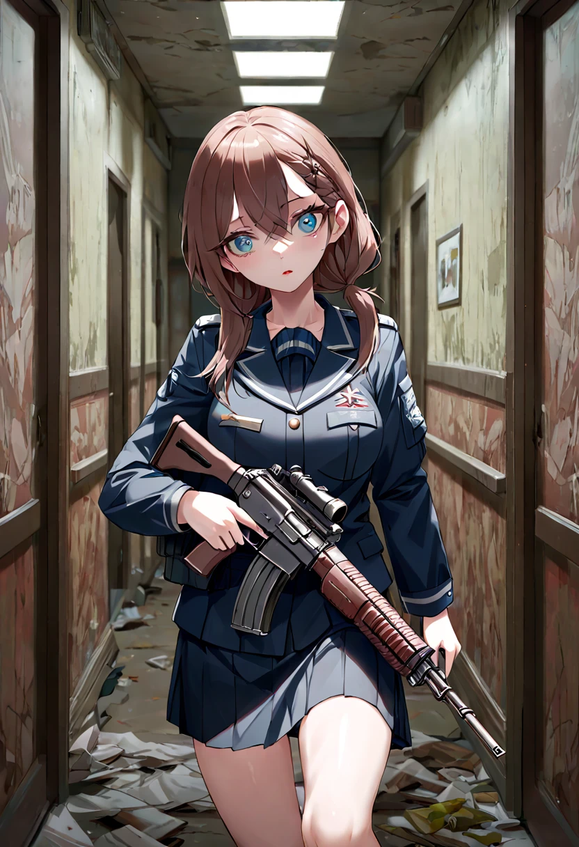 dynamic angle, top quality, best quality, High-quality illustrations, female with ak74n, ((((escape from tarkov,)))) BEAR uniform, worn uniform, pmcs, masterpiece, super high resolution, detailed background, detailed background, biohazard, Dim hotel hallway, gun fight, ak74 detailed, game package, absurdres(highly detailed beautiful face and eyes)perfect anatomy, expression, good lighting, cinematic shadow(furry anthro),