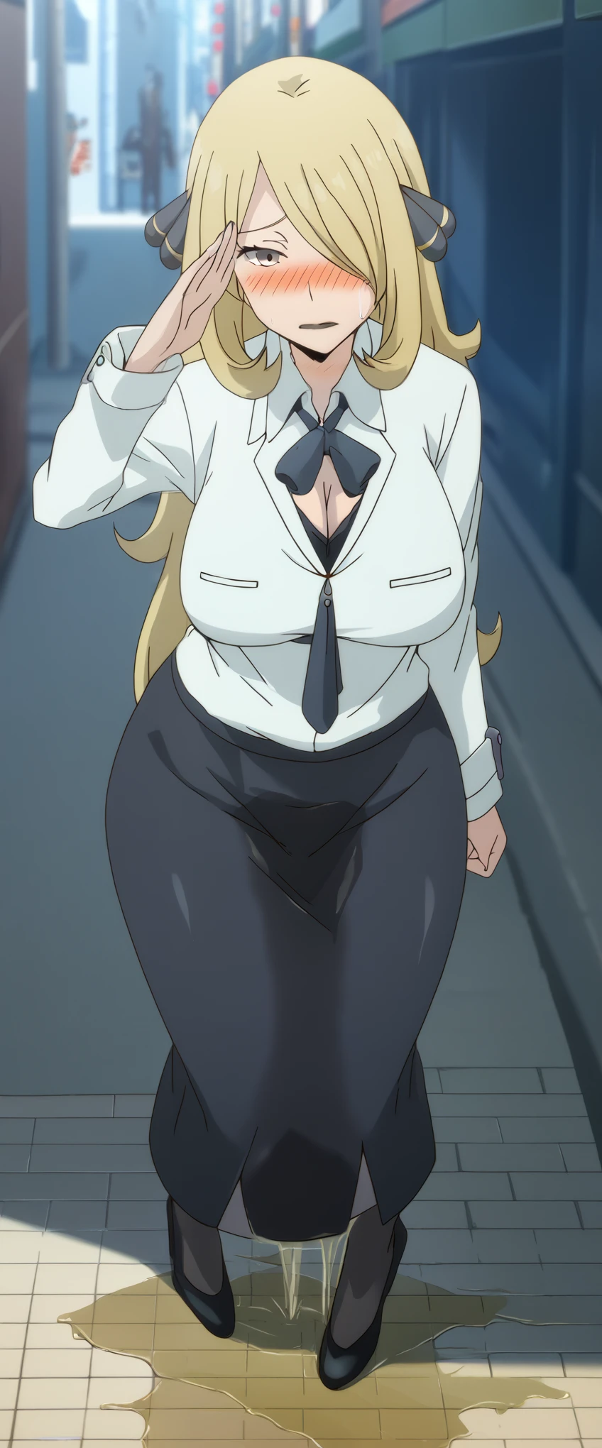 (high quality,Very detailed:1.37, High resolution), 2d, anime, anime style, anime source, Woman, Cynthia \(Pokemon\), business suit, necktie, (long skirt:1.25), (pencil skirt:1.5), pantyhose, huge breasts, cleavage, looking at viewer, masterpiece, best quality, (wetting self:1.5), desperation, embarrassed, humiliation, (blushing:2.0), (black lipstick:1.25), standing, (salute:1.5), city