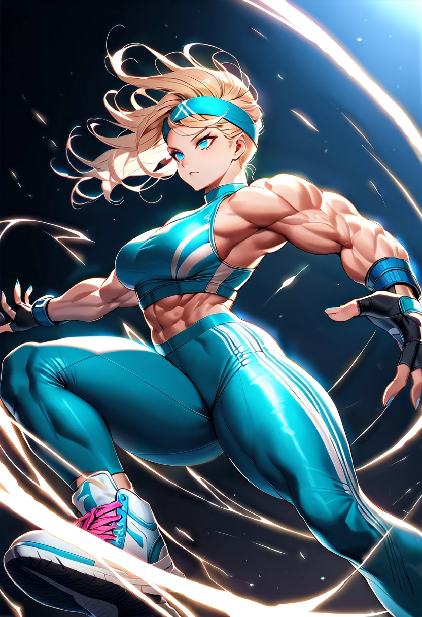 A gym enthusiast with an impressive physique wears a daring gym outfit.. High-waisted leggings and a fitted crop top highlight your muscular build. Neon accents add a bold touch, while fingerless gloves improve grip. Stylish sneakers and a fierce headband complete her look., showing power, trust, and athletics. shorth hair , hair blonde , blue colored eyes 