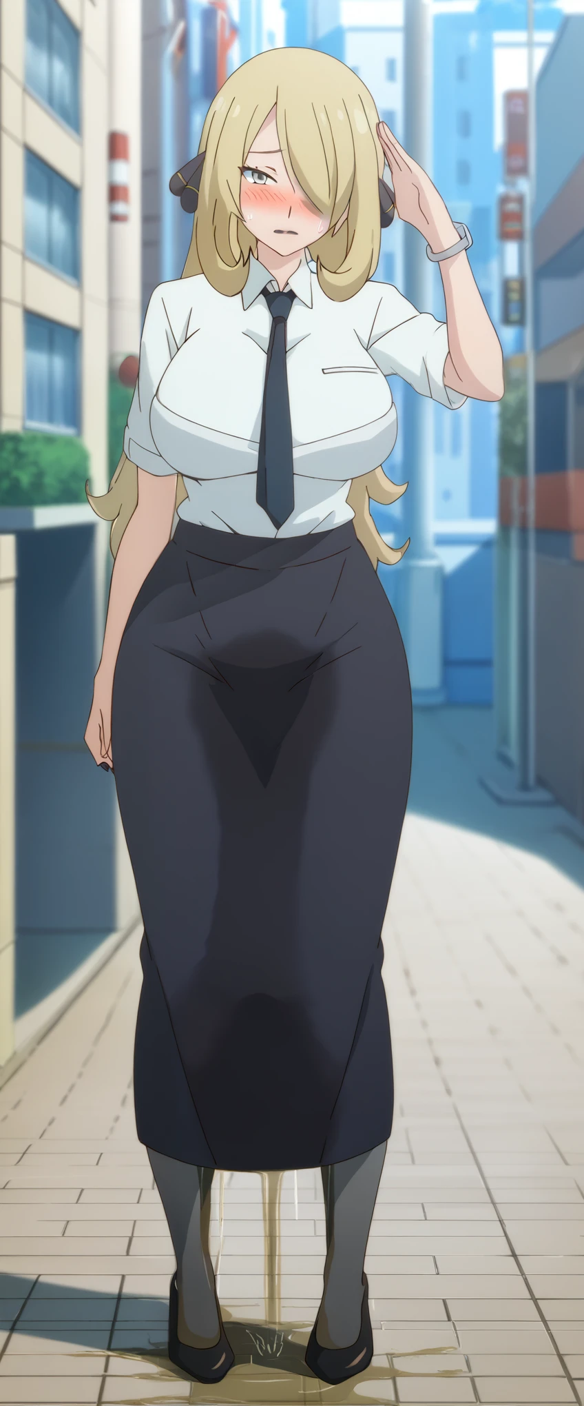 (high quality,Very detailed:1.37, High resolution), 2d, anime, anime style, anime source, Woman, Cynthia \(Pokemon\), business suit, necktie, (long skirt:1.25), (pencil skirt:1.5), pantyhose, huge breasts, cleavage, looking at viewer, masterpiece, best quality, (wetting self:1.5), desperation, embarrassed, humiliation, (blushing:2.0), (black lipstick:1.25), standing, (salute:1.5), city