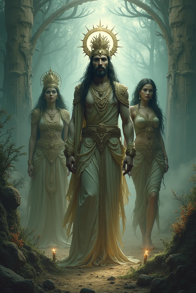 An eerie scene depicting Ganga, with an enigmatic smile, walking towards the river with the eighth , while King Shantanu tries to intervene.In dall e-3 style