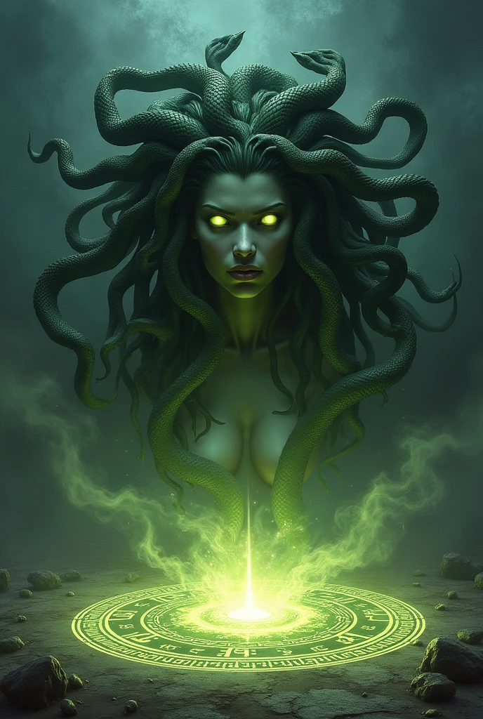 Logo de fisioterapia da personagem grega medusa da cabeça a cintura,usando uma roupa grega,com cabeça de cobras com rosto de cobra,pele da cor verde,segurando na mão uma raio dourado,uma borda redonda dourada  e escrita a palavra Górgonas envolta da personagem 