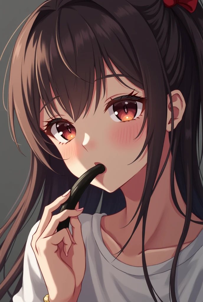Completely naked anime girl with a leash on her neck and drinking urine from a man