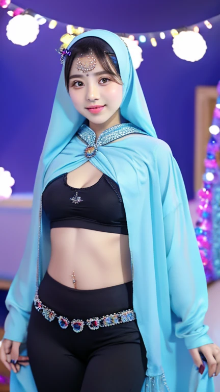 NSFW,highest quality,excellent details,ultra high resolution,1 Japan girl, smile,Thin type,white and golden arab costume,light blue lace cloak,long sleeve,veil,hair ornaments,necklace,No panties,shaved pussy,fold your arms behind your head,I can see the side,desert,desert Climate,blue sky,camel claw