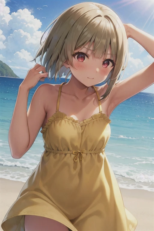 Tanned hair，Bobcut，short hair，ワンレングスBobcut，Asymmetrical Hairstyles，Long left hair，Red Eye，nakasu kasumi，Yellow camisole dress，Strong winds，Panty shot，Blushing face