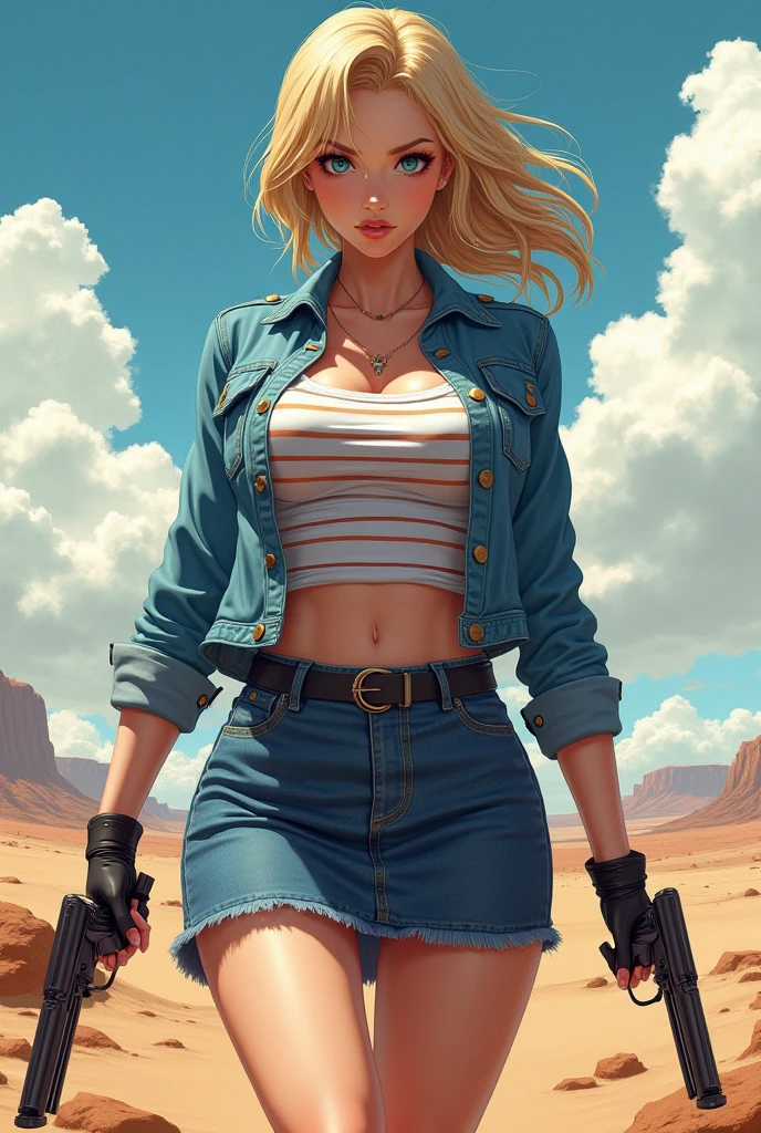 1 girl, cowboy hat, white bra, green vest, sleeveless, へそ, blue jeans, Brown boots, gloves fingerless, short gloves, slightly-smile, shorth hair, hair blonde, parted bangs, blue colored eyes, wart under the right eye, old american west, sunny desert background, waist belt, best qualityer, work of art