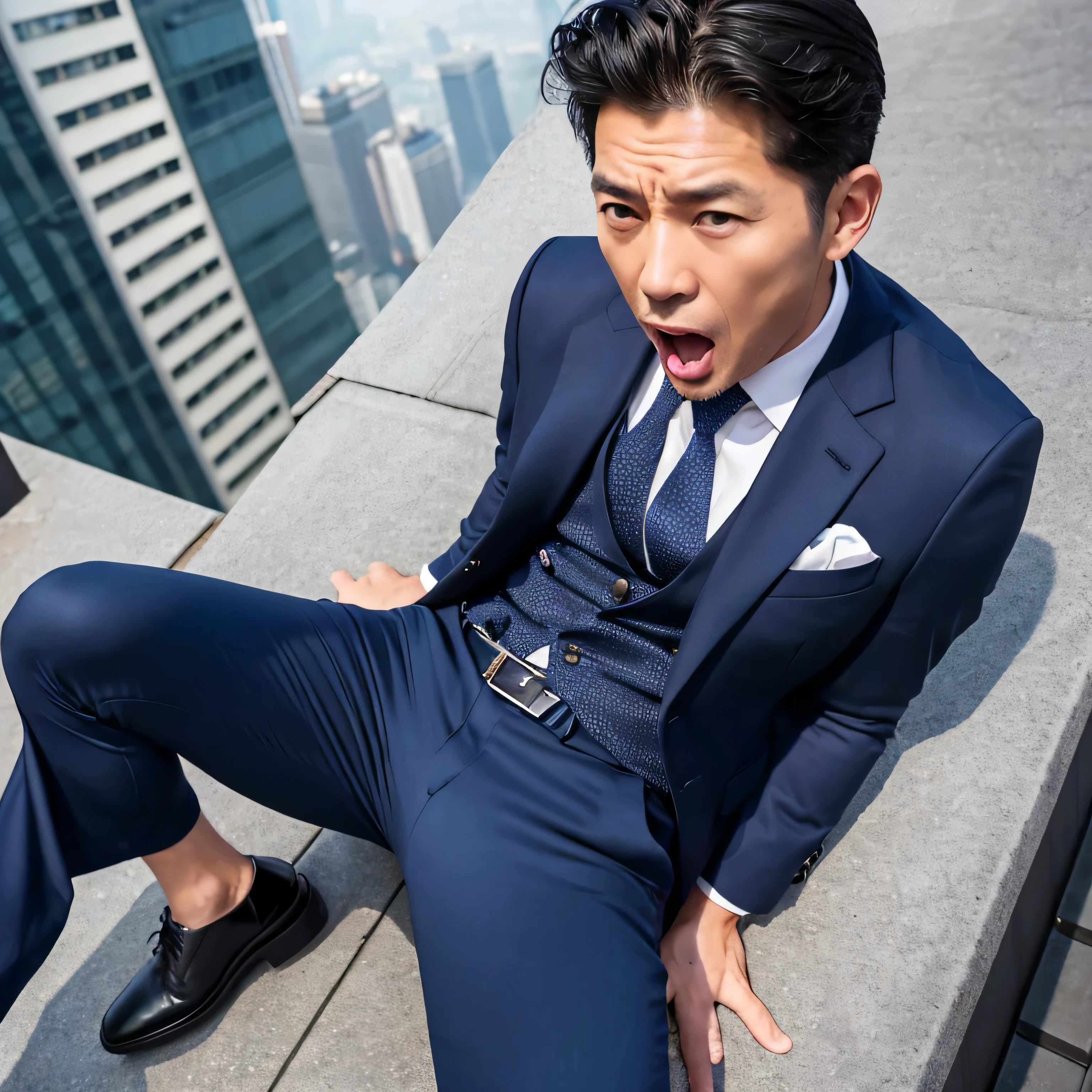 50 years old,One Man,Navy blue suit,Night parking、mafia、Bend、Spread your legs wide、Hold a gun,Open your legs more,logic,Gay ,Very Short Hair,Stubble,Asian Faces,Handsome Dad,Bulging in the crotch area of pants ,looking at the camera