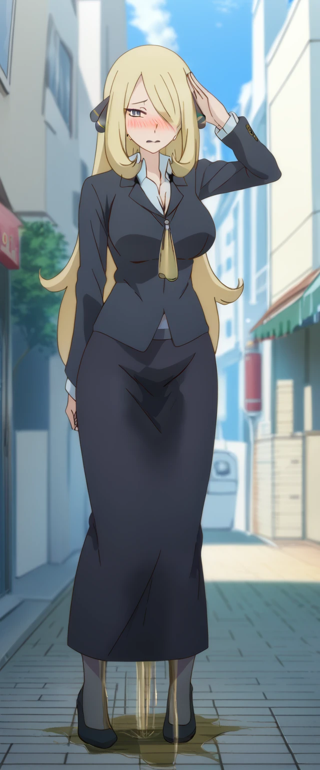 (high quality,Very detailed:1.37, High resolution), 2d, anime, anime style, anime source, Woman, Cynthia \(Pokemon\), business suit, necktie, (long skirt:1.25), (pencil skirt:1.5), pantyhose, huge breasts, cleavage, looking at viewer, masterpiece, best quality, (wetting self:1.5), desperation, embarrassed, humiliation, (blushing:2.0), (black lipstick:1.25), standing, (salute:1.5), city