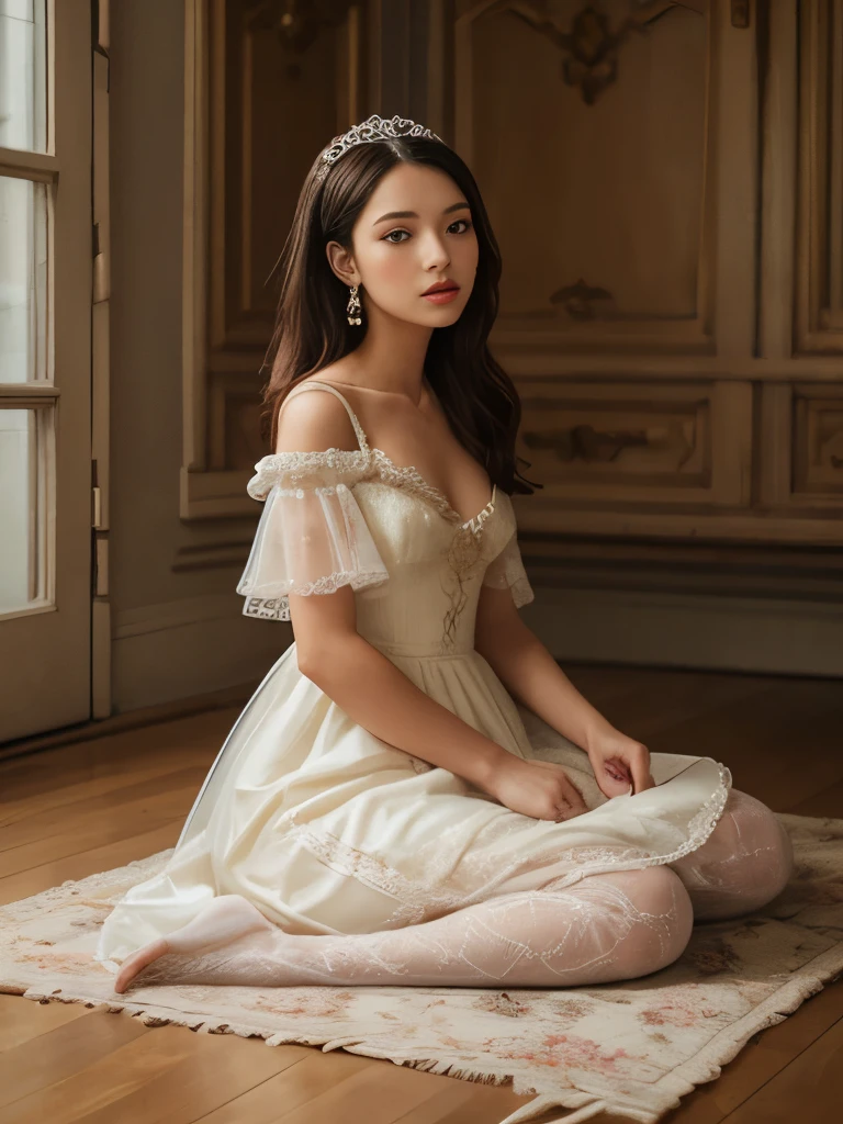 there is a woman sitting on the floor in a dress, rococo dress, # rococo, rococo queen, dress in the style of rococo, rococo fashion, rococo ruffles dress, victorian style costume, victorian inspired clothing, with victorian clothing, in victorian aristocrat, victorian dress, victorian blue dress, in a high renaissance style