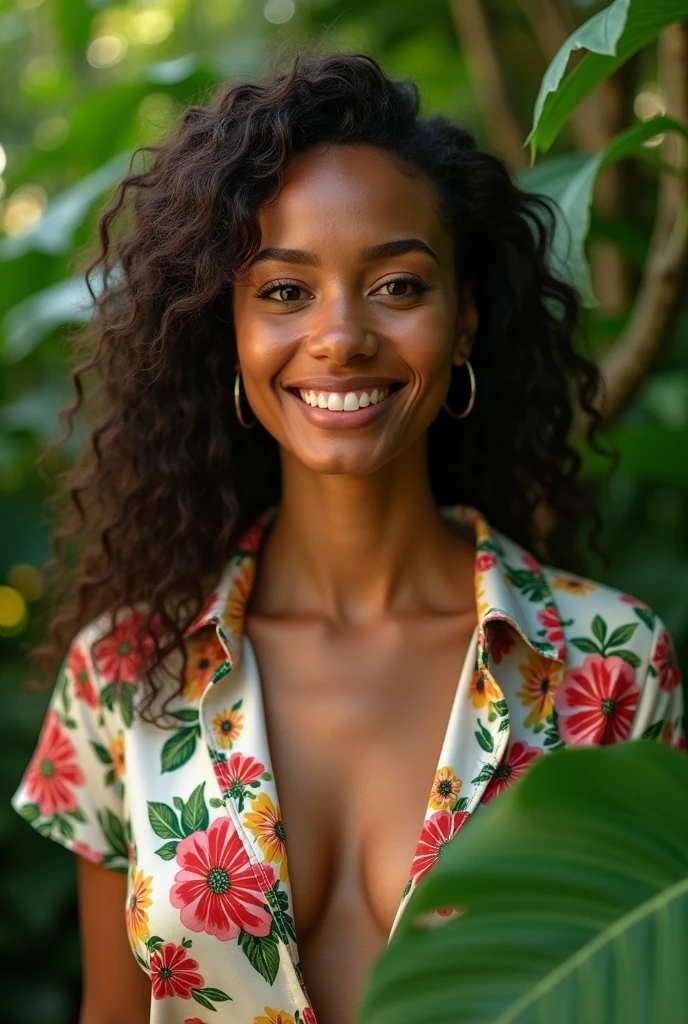 A Brazilian woman in a lush tropical garden, wearing an open shirt with a floral print, with a close-up capturing the harmonious beauty between her breasts and the natural flowers, showing off your natural charm and outgoing personality.