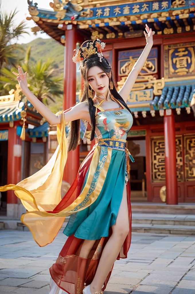 best quality, 8k, very delicate and beautiful, highly detailed face and skin texture, shiny skin, high resolution, sexy long hair chinese girl in colorful dunhuang costume dancing at ancient chinese temple, sharp focus