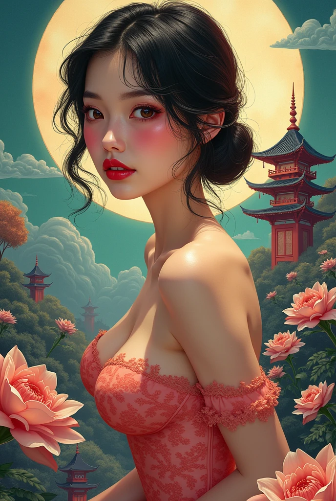 The art depicts a charming woman dressed in a flowing, Oriental transparent dress, Decorated with sexy patterns and bright colors. Reveal small round butt, Her sheer dress hangs elegantly over her curvy figure, accentuating her seductive silhouette. She stood gracefully in the quiet moonlit night, bathed in the soft glow of the moonlight. The scene exudes an ethereal and dreamy atmosphere, With a touch of mystery and sexiness. The graphic style incorporates watercolor and digital illustration techniques,Evokes refined beauty and charm. The lights are filled with soft moonlight, casting soft highlights and shadows on her charming features. Bare buttocks, Three-dimensional facial features, lying on bed, Clear eyes, Topless, Visible,full bodyesbian,