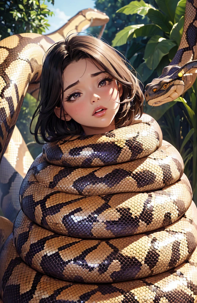 girl in short overalls, top shot,((selfie)), random background, kiss, beautiful, medium breasts, flirty look, ((very detailed)), short hair (perfectly detailed face), (well detailed hand), photorealistic image, masterpiece, best quality, highres, breasts out, beautiful detailed eyes, cleavage, snake, (coiled), (python), snake scales detailed, restrained, masterpiece}}}, {{highly extreme detailed}}, solo, Focus on the girl, {orgasm}, {sweaty}, {{python sex}}, (((object insertion))), jangle, spread arms, interspecies, bestiality, (Giant python bestiality, Giant python sex, ((Giant python Rape)), Giant python Rape, Giant python Coils, Passionate Squeeze) (((Giant python coils, Passionate squeeze, ))), coils,((The girl is wrapped around a giant python)), ((giant python rape)), ((giant python squeezing her cheeks))