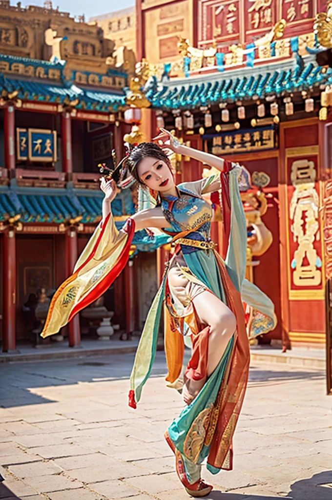 best quality, 8k, very delicate and beautiful, highly detailed face and skin texture, shiny skin, high resolution, sexy long hair chinese girl in colorful dunhuang costume dancing at ancient chinese temple, sharp focus