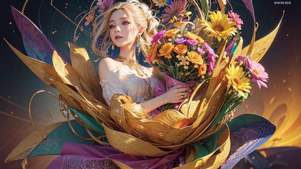 32K, 最高quality, 最高masterpiece, (ultra-Detailed Background, Detailed Background), Absurd, High resolution, Super detailed, Very detailedな, One girl, (bouquet:1.3), (Tangled:1.2), (Geometric:1.2),(colorful),(masterpiece, quality, best quality, Official Art, Beautiful and beautiful:1.2), (1 girl:1.3), Very detailed,(colorful:1.1)(Flowers:1.3),Most detailed,(Tangled:1.2), whole body, (Abstract background:1.3), (Skin glows), (Many colors:1.4), ,(Earrings Jewelry:1.5), Pale yellow background,
