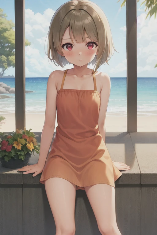 Tanned hair，Bobcut，short hair，ワンレングスBobcut，Asymmetrical Hairstyles，Long left hair，Red Eye，nakasu kasumi，Yellow camisole dress，Strong winds，Panty shot，Blushing face