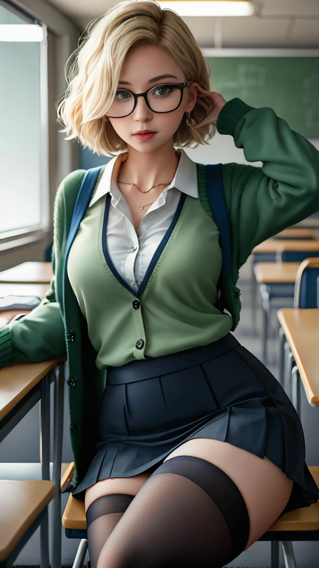 A 4 professor sits in a chair in a classroom. She has short blonde hair and wears large glasses.、Green Eyes、A slightly open blouse　Her green cardigan was pushed up by her ample chest, and her navy blue knee-length skirt was flipped up.、　Great ass and thighs in black stockings　