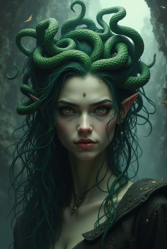 A green woman with orange eyes looking down in sadness ,wearing a witch queen crown,with body half in water in a swamp lake, a strange looking woman body with tree roots in a dark swamp,
Body with green reptilian appearance, elf ears,
(Fotorrealisitic), (High 4K resolution, 8k) High Definition Painting, (sharp focus, realisitic),
