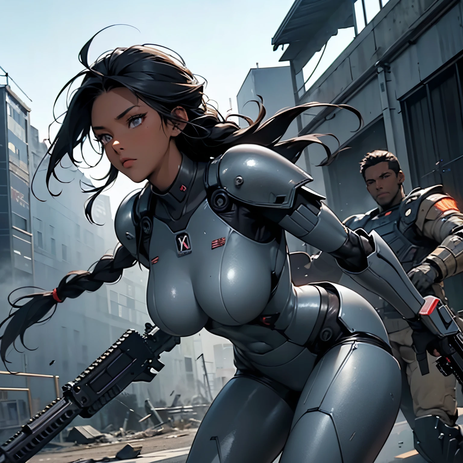 nsfw, anime screencap, 16K, perfect anatomy proportion body, action, A dynamic composition with a sense of speed and movement, (Hold an assault rifle:1.6), a wife, 40age, perfect beautiful delicate sexy face, perfect beautiful delicate eyes, braid-in-braid black hair, (dark skin:1.6), huge breasts, abs, Camouflage-colored heavy armored steam engine full armor powered suit, Many heavily armored robot soldiers are engaged in a firefight in the background., Flying bullets, Ruined City Battlefield, war, Post-apocalyptic,