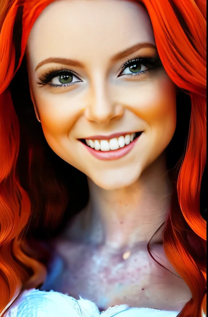 Elisabete Olsen, extreme closeup, smiling at the viewer, red hair, blue eyes, (8k, RAW photo, best quality, masterpiece: 1.2), ultra-detailed, (highly detailed skin: 1.2), 8k uhd, dslr, soft lighting, high quality,