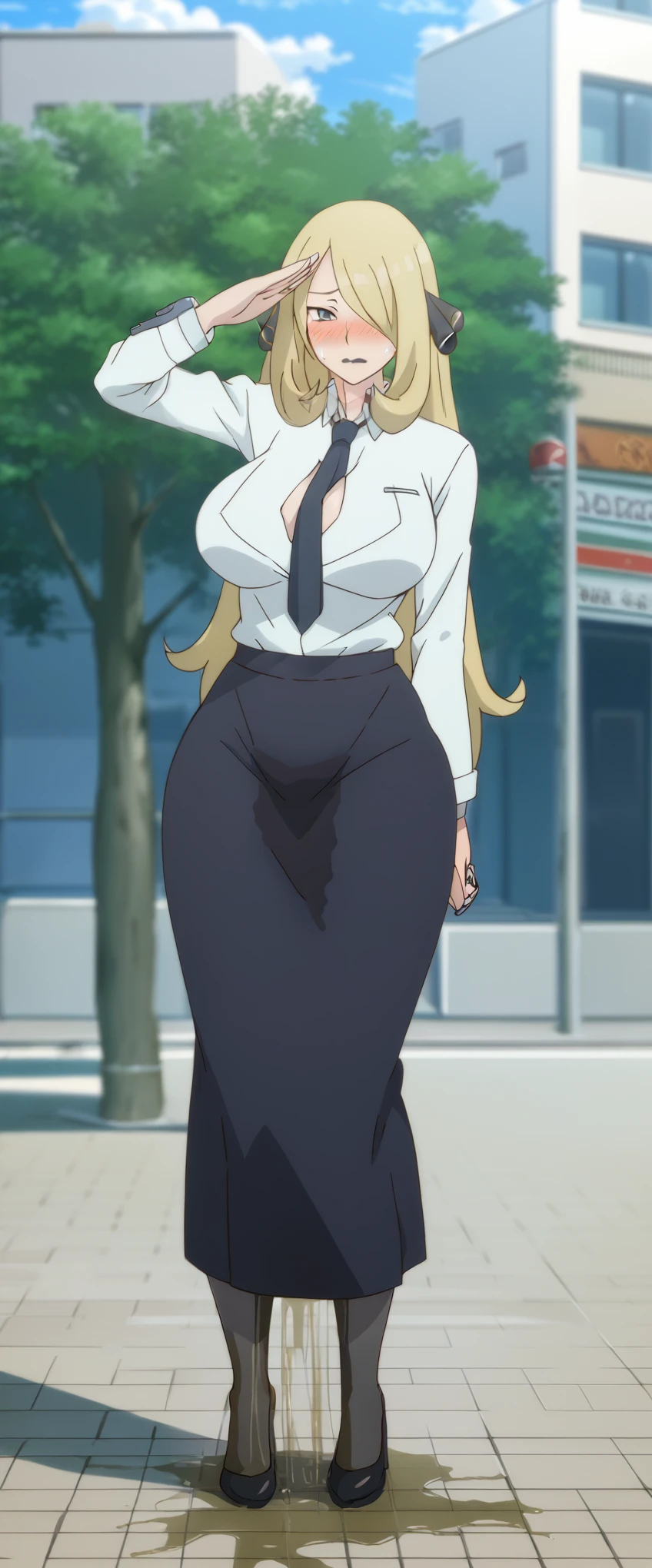 (high quality,Very detailed:1.37, High resolution), 2d, anime, anime style, anime source, Woman, Cynthia \(Pokemon\), business suit, necktie, (long skirt:1.25), (pencil skirt:1.5), pantyhose, huge breasts, cleavage, looking at viewer, masterpiece, best quality, (wetting self:1.5), desperation, embarrassed, humiliation, (blushing:2.0), (black lipstick:1.25), standing, (salute:1.5), city