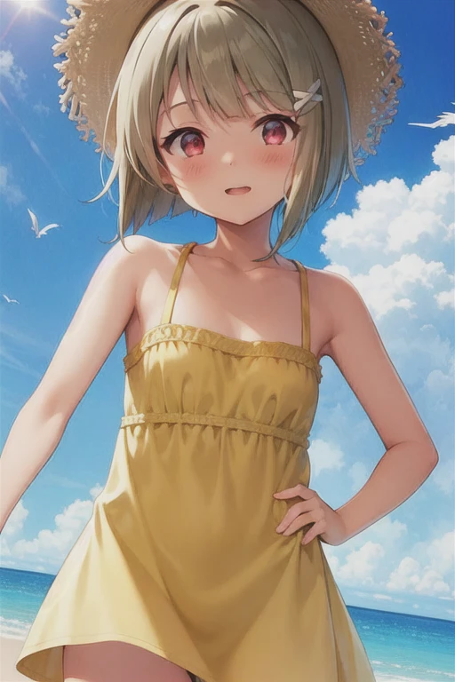 Tanned hair，Bobcut，short hair，ワンレングスBobcut，Asymmetrical Hairstyles，Long left hair，Red Eye，nakasu kasumi，Yellow camisole dress，Strong winds，Panty shot，Blushing face