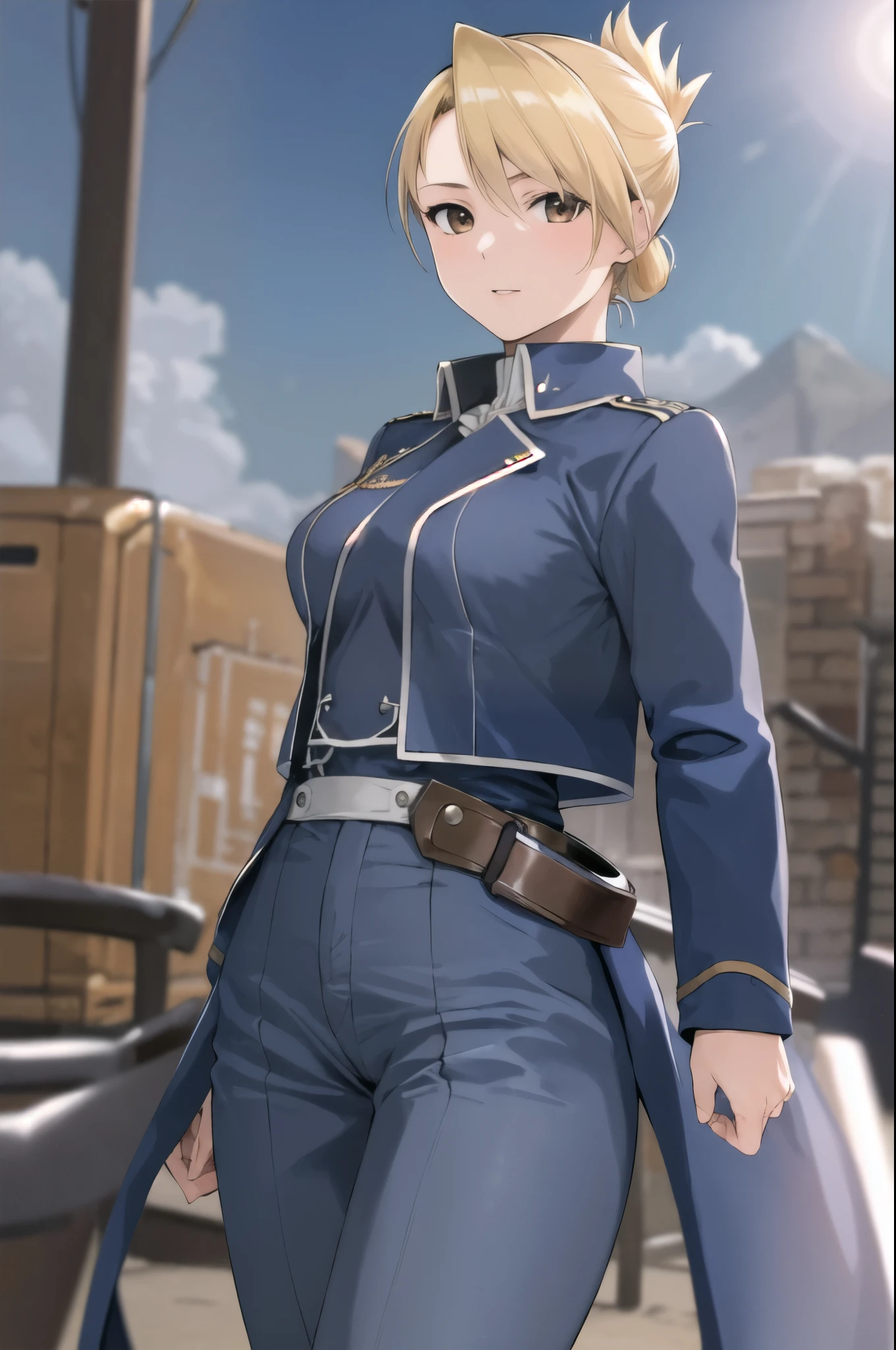 masterpiece, best quality, highres, 1girl, hmriza, folded ponytail, brown eyes, medium breasts, military uniform, blue jacket, blue pants, standing, cowboy shot, outdoors, looking at viewer,