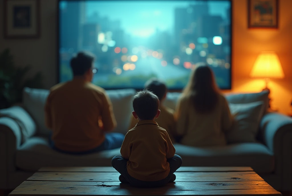 A child is a young man watching TV in the living room the young people are sitting and the woman is standing