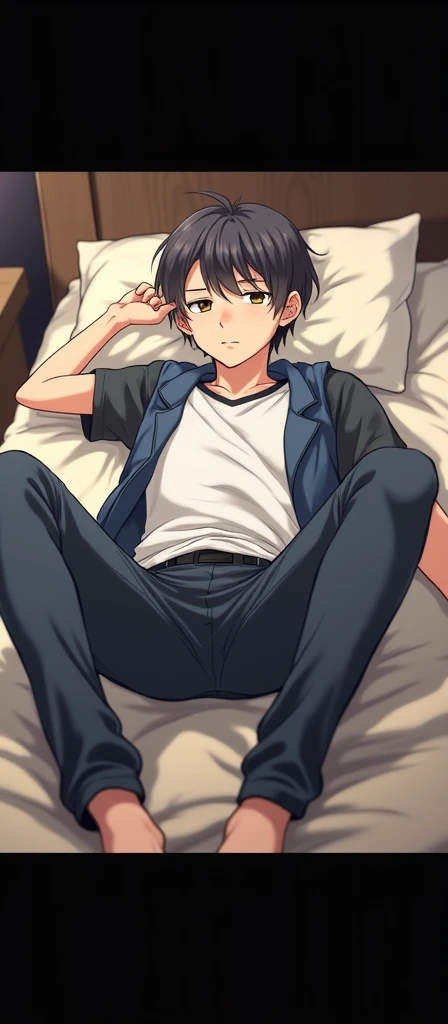 High school boy is on bed in his room