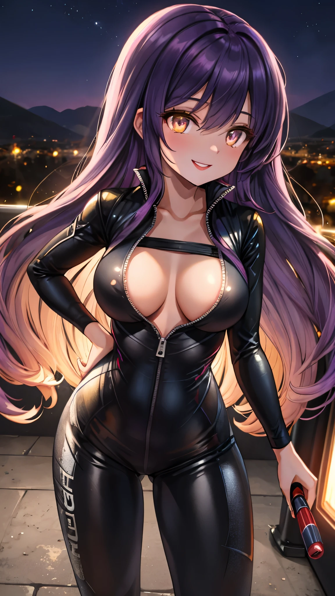 （（super high quality,））（（Ultra-high resolution,））（16K,）（super masterpiece,）（（Ultra HD ,））（Detailed shading,）One sexy mature woman,Tight black riding suit,popped Tight open collar,Long wavy hair,（（Purple hair from the top of the head,Golden from the tip,））Purple-tinged golden eyes,Sexy smile,Night view,