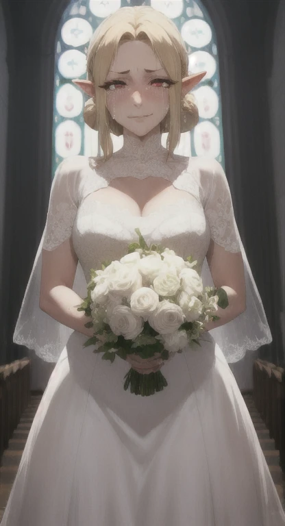 android 18Number, wedding dress, bridal gauntlets, bridal veil, wedding ring, bouquet, blush, small breasts, church, UHD, retina, masterpiece, ccurate, anatomically correct, textured skin, super detail, high details, high quality, best quality, highres, 4K