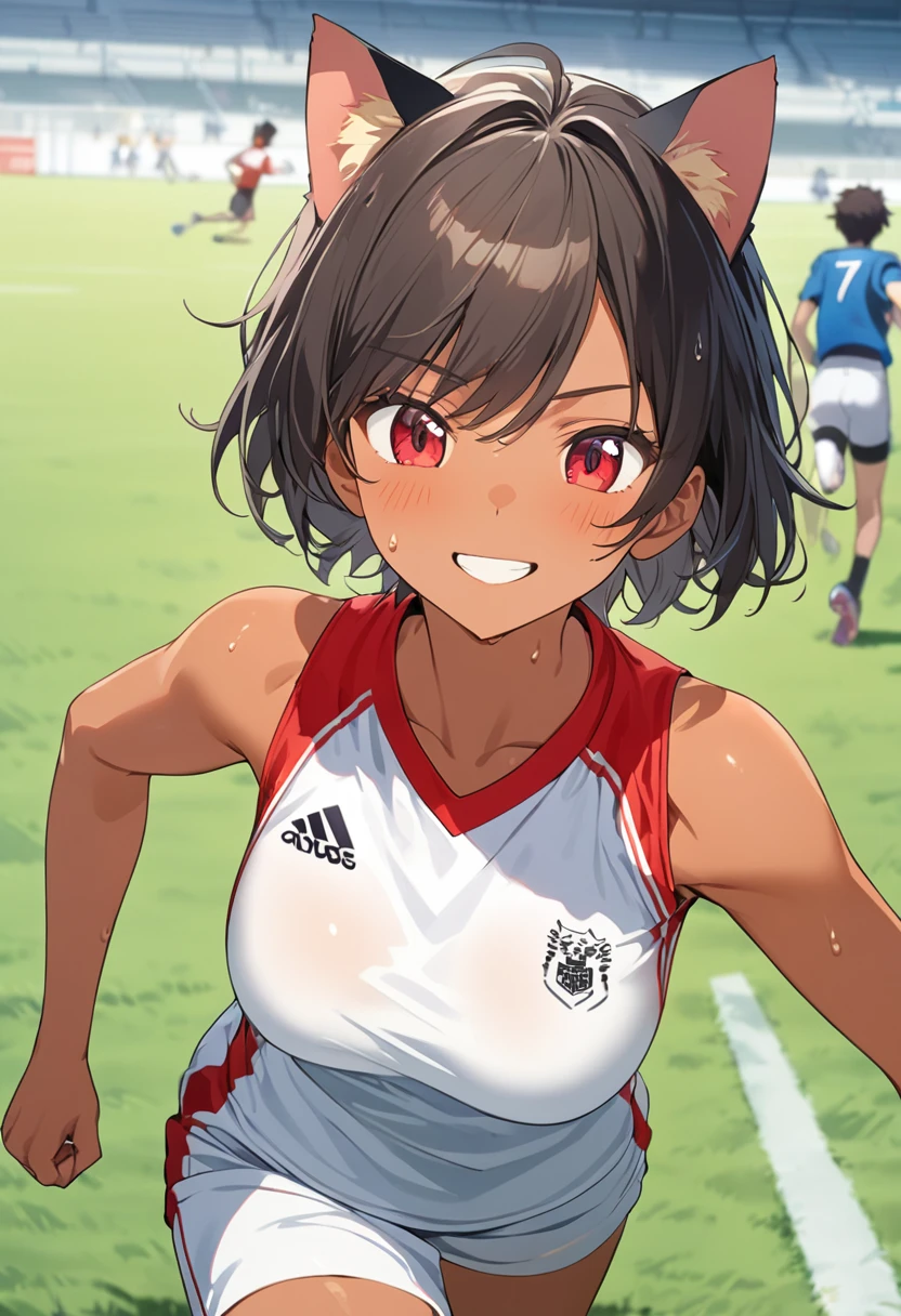 Top quality, masterpiece, 1 girl, black hair, bob cut, track and field uniform, crouching start, front position, face zoomed in, spirited expression