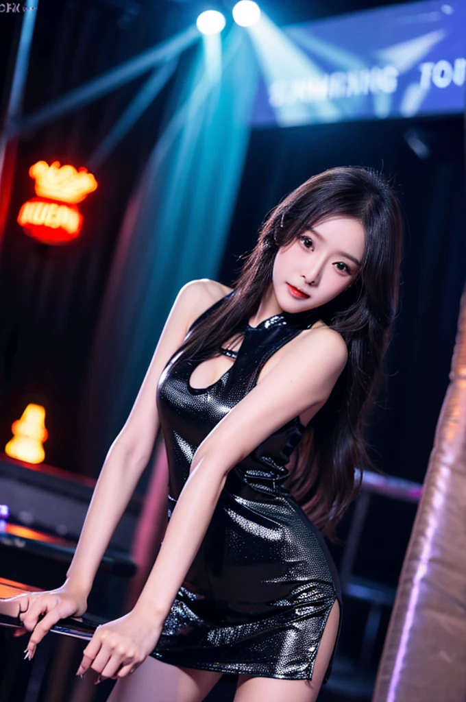 best quality, 8k, very delicate and beautiful, highly detailed face and skin texture, shiny skin, high resolution, sexy long hair chinese girl in black thigh short dress dancing at night club, under neon light, sharp focus